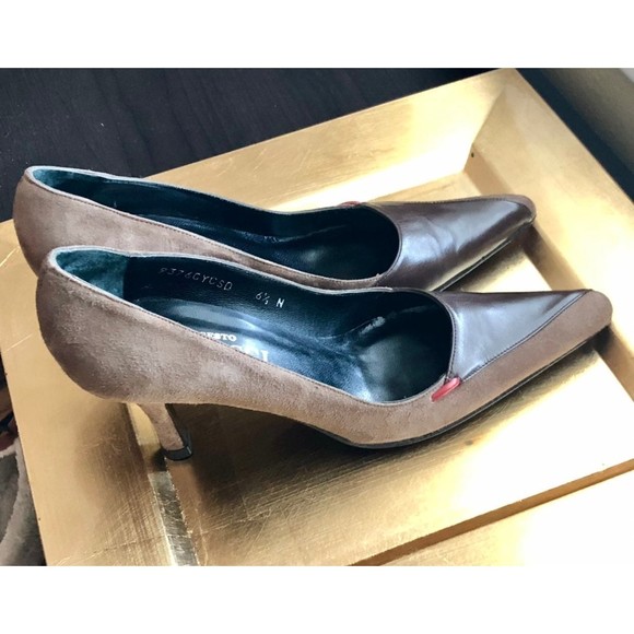 Sesto Meucci Brown Taupe Suede & Contrast Leather Pointy Toed Heels 6.5 N Narrow - Picture 5 of 12